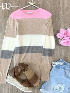 Staccato Striped Crewneck Sweater - Pink, Beige, White & Gray